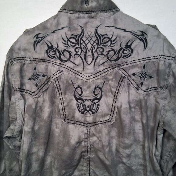 Roar Shirt Men XL Embroidered Distressed Long Sleeve Button Up Y2K Biker Rock - Picture 4 of 16